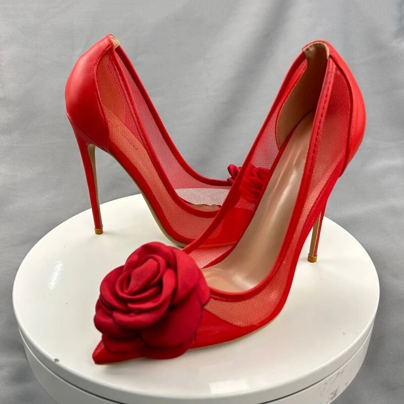 Women Patchwork Red Mesh Gauze Pointy Toe High Heel Party Shoes Flower Stiletto Pumps 8cm 10cm 12cm