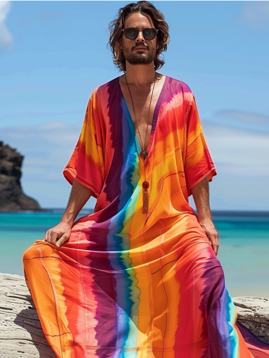 Rainbow V-neck Men Kaftan Long Caftan