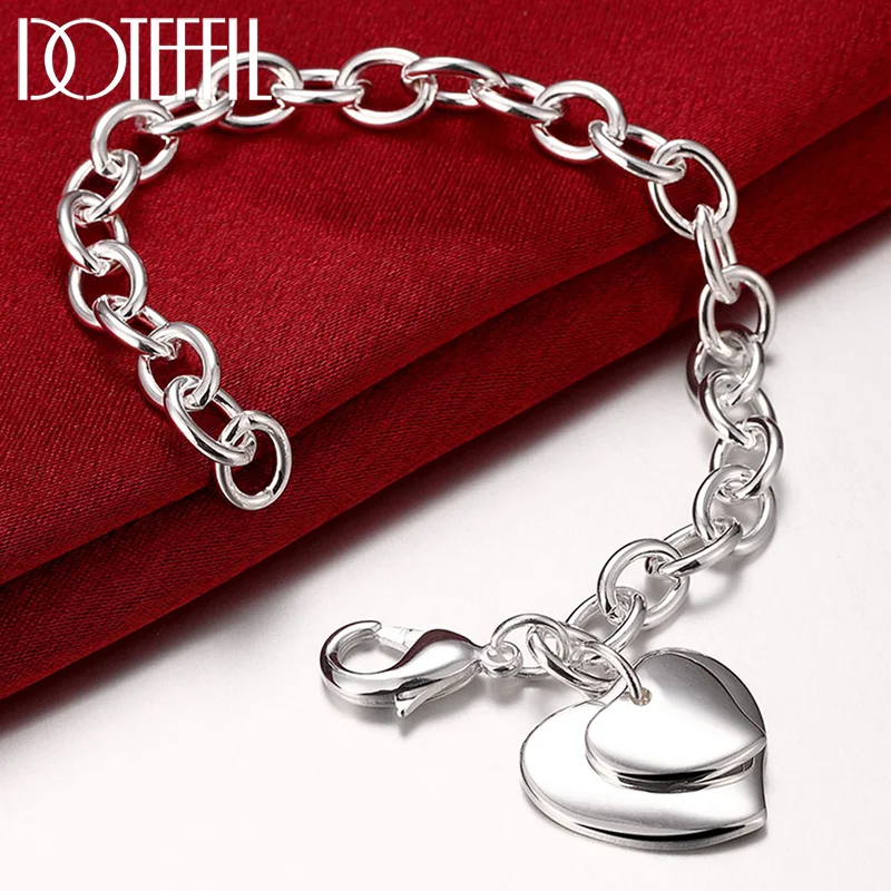 DOTEFFIL 925 Sterling Silver Double Heart Pendant Bracelet For Woman Jewelry