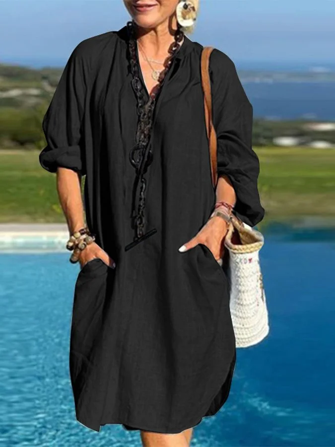 Women's Solid Long Sleeve V-neck Dress