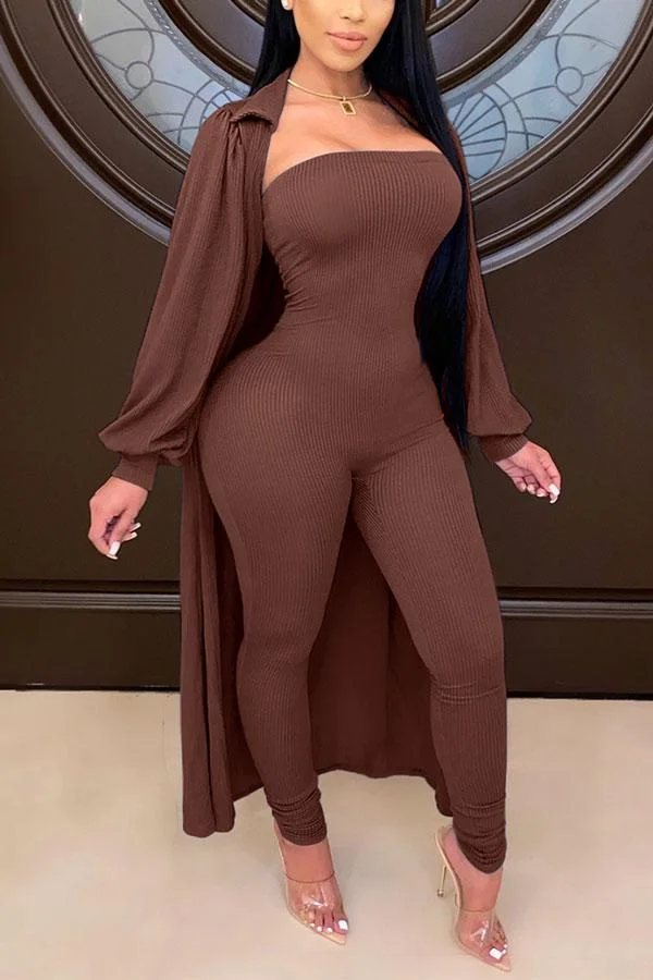 Casual Solid Color Slim Jumpsuit Cardigan Set