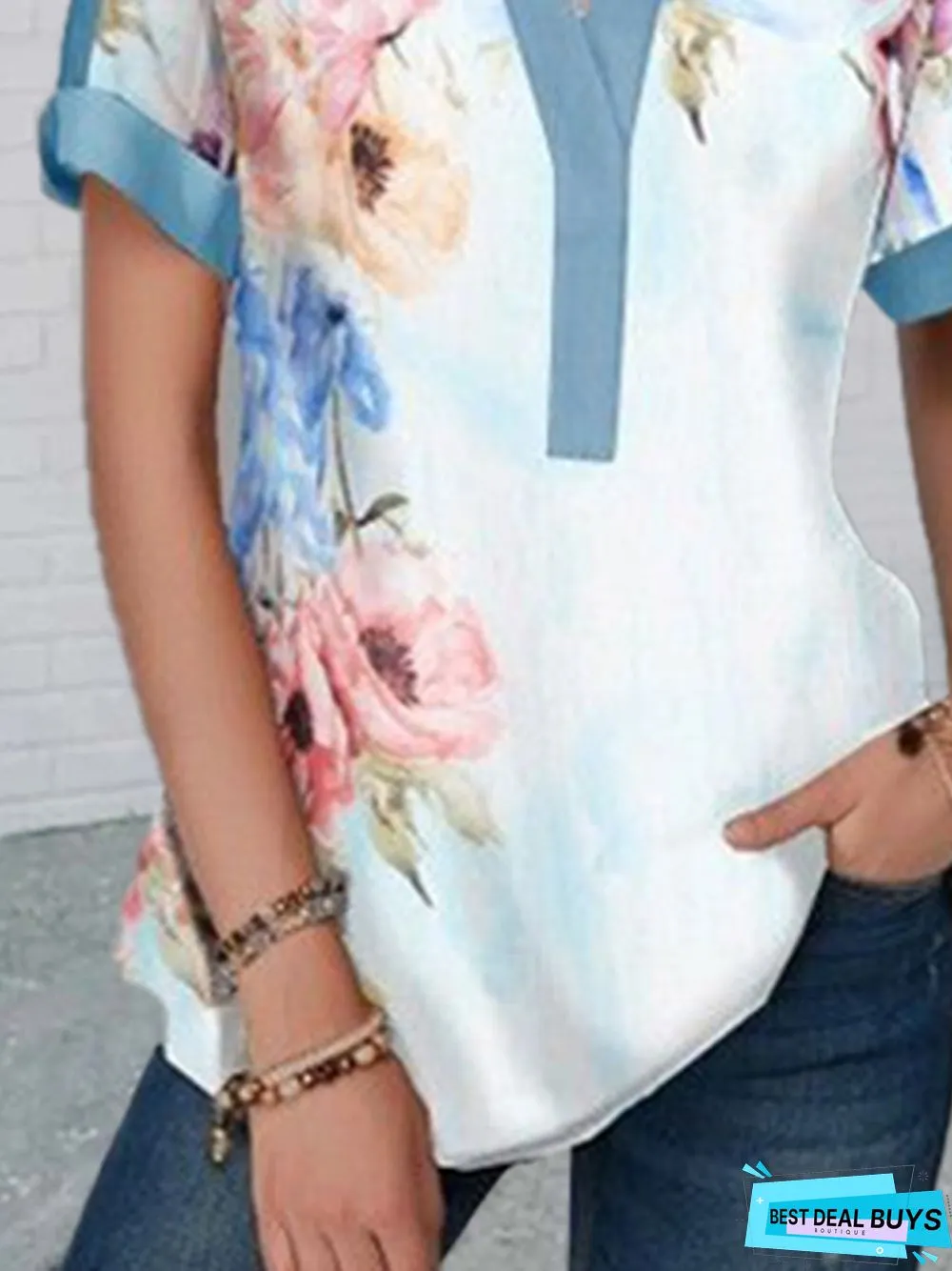 Floral  Short Sleeve  Printed  Cotton-blend  V neck Elegant  Summer  Blue Top