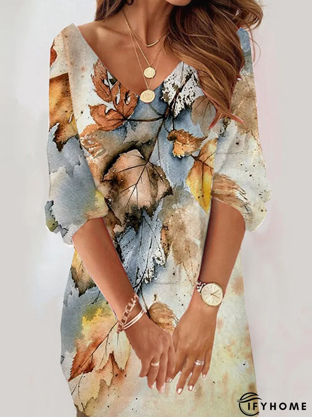 Leaf V Neck Casual Dress | IFYHOME