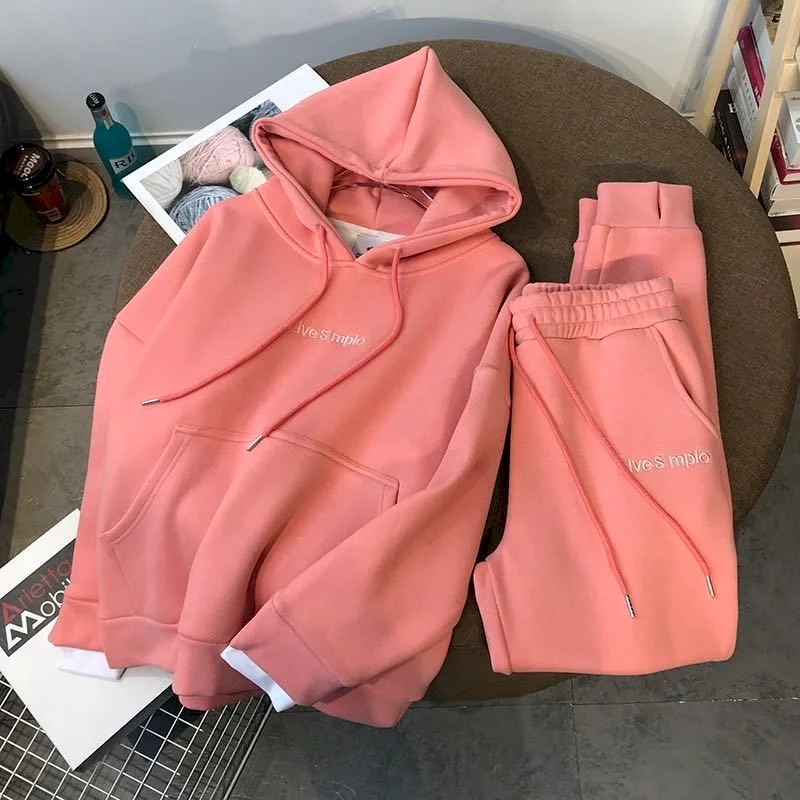 Autumn and winter new suit thickened plus velvet pullover hooded  women's suit sports and leisure two-piece trousers and leisure