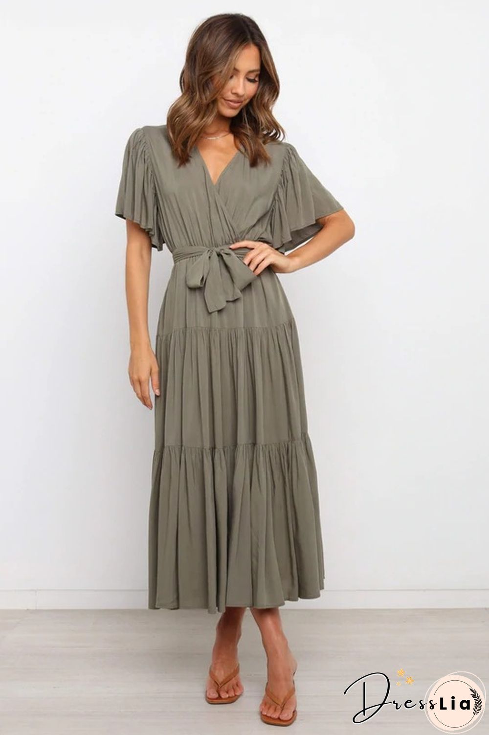 Boho Beach Vacation Summer Women Dresses New Solid V-Neck Short Ruffle Sleeve Lace-up Swing High Waist A-line Long Dress