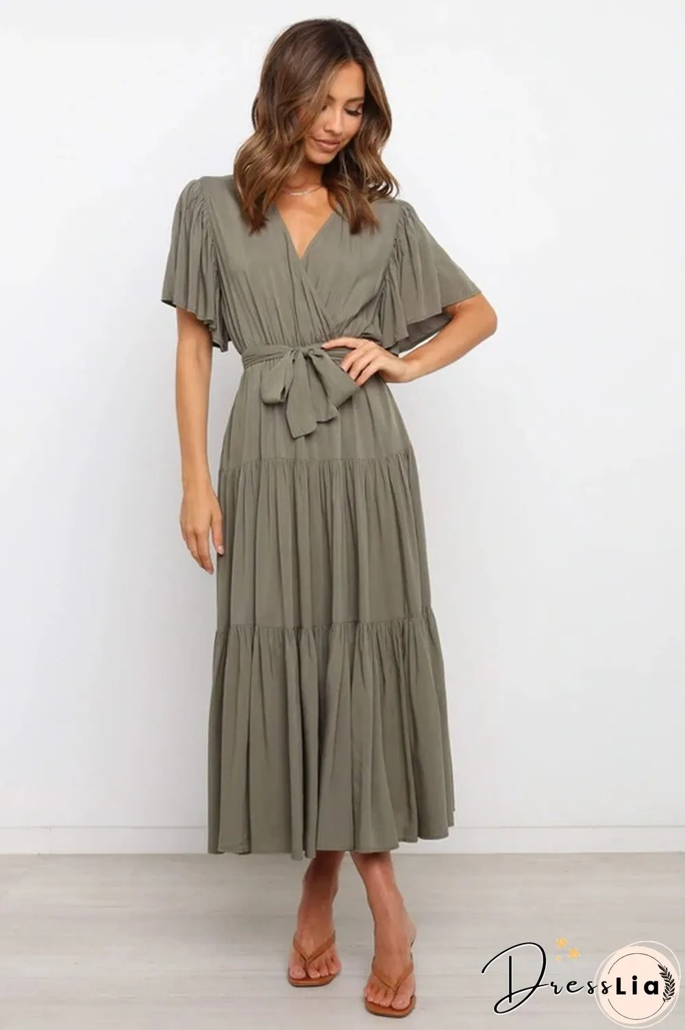 Boho Beach Vacation Summer Women Dresses New Solid V-Neck Short Ruffle Sleeve Lace-up Swing High Waist A-line Long Dress