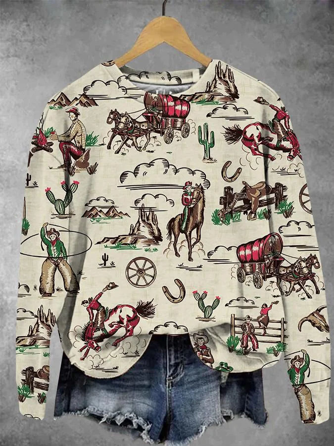 Vintage Western Cowboy Print Sweatshirt