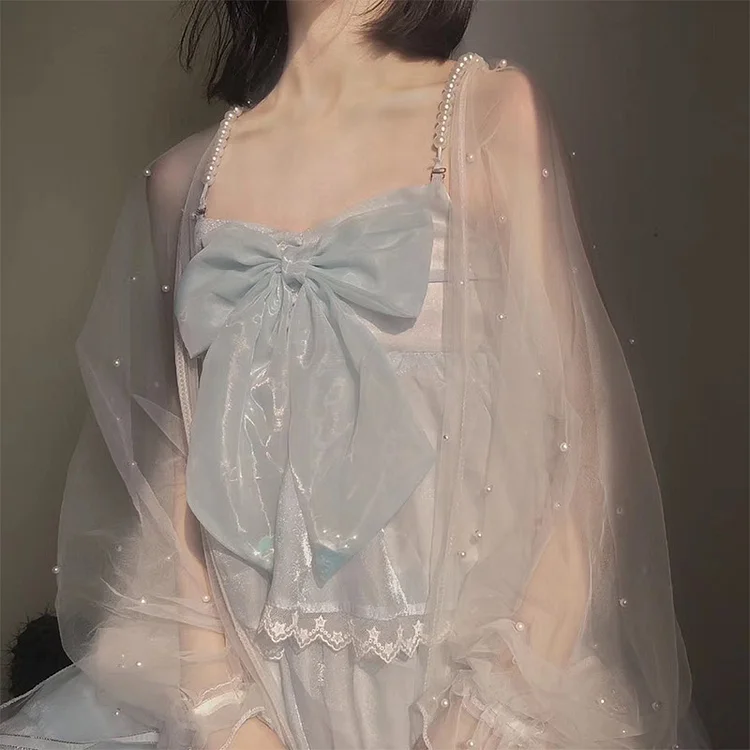 Pearl Decor Tulle Flouncing Sleeve Cardigan Shirt - Modakawa Modakawa