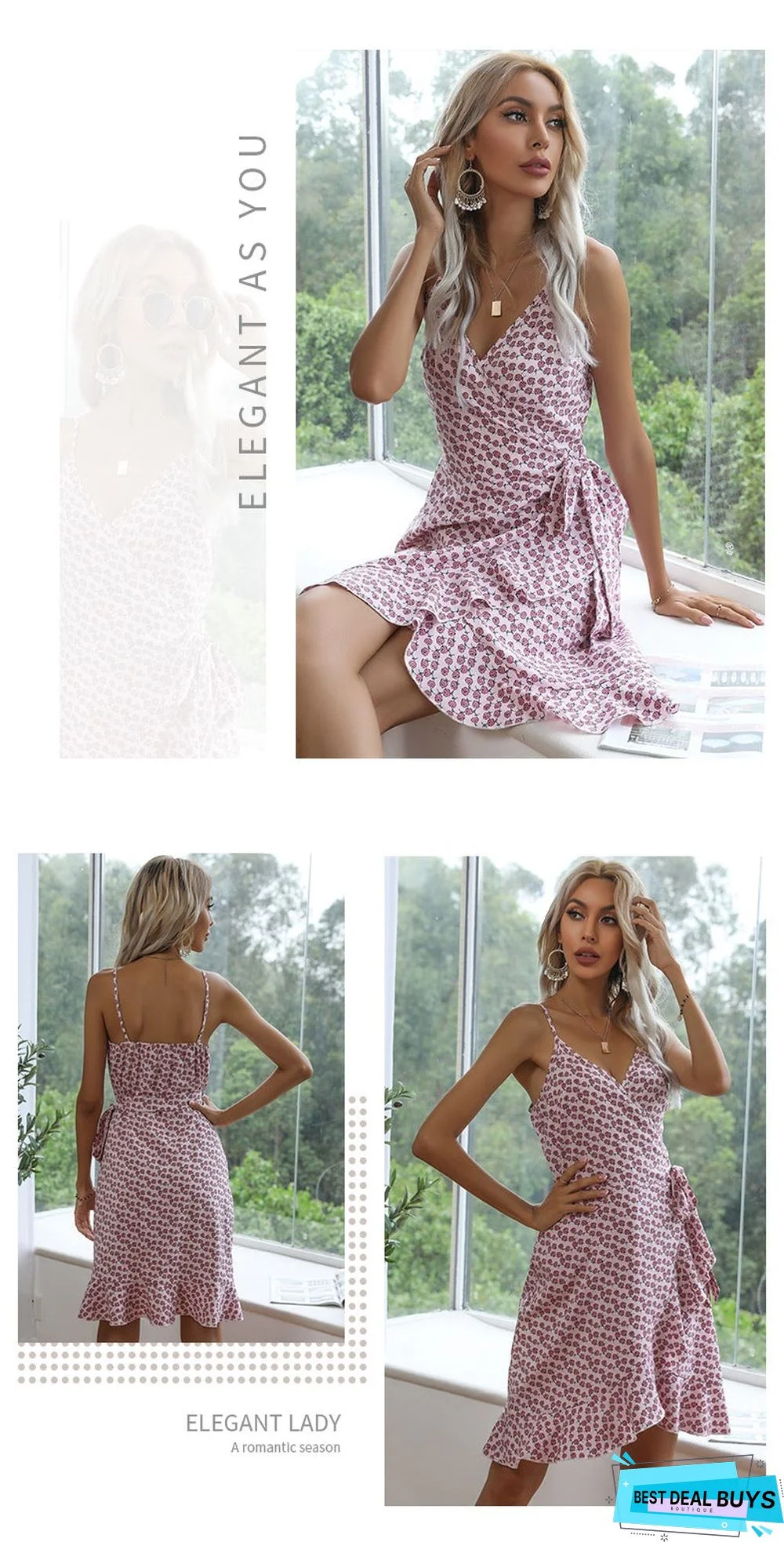 Summer Printing Irregular Ruffled Suspenders Dress Women