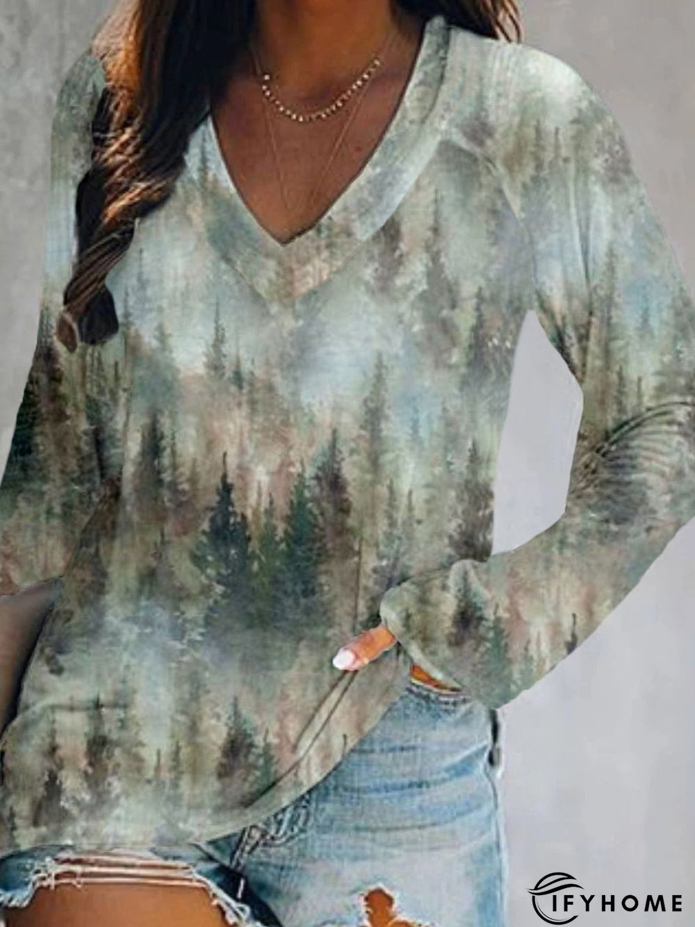 Casual Long Sleeve V Neck Printed Top T-shirt | IFYHOME
