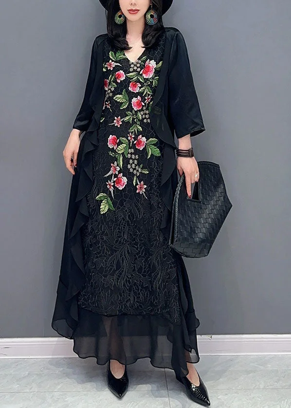 Women Black V Neck Embroideried Patchwork Chiffon Long Dress Summer