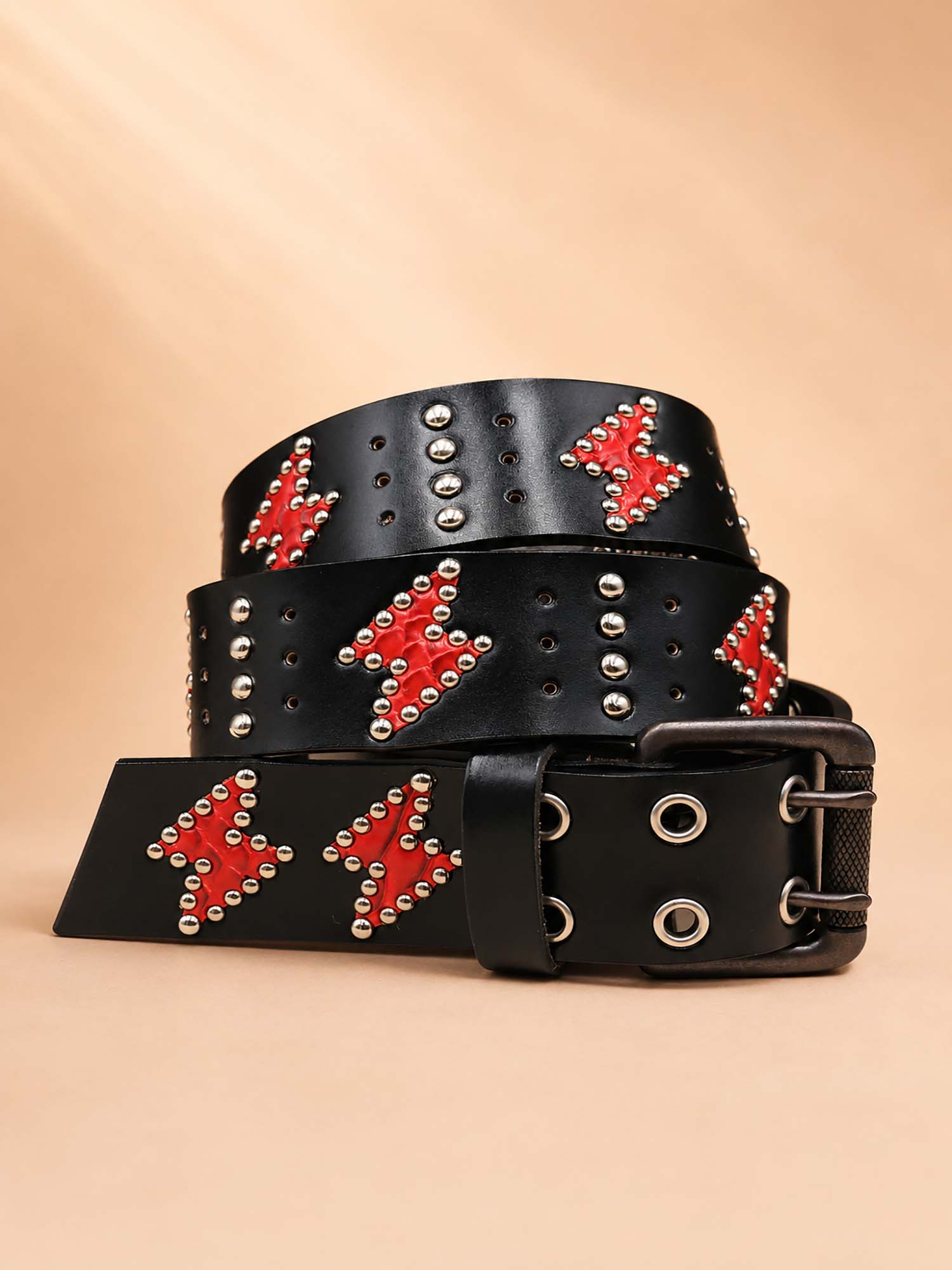 Perfect for a Music Festival &mdash; Spring/Summer 2026 Women's Metallic Lightning Bolt Studded Double-Prong Leather Belt