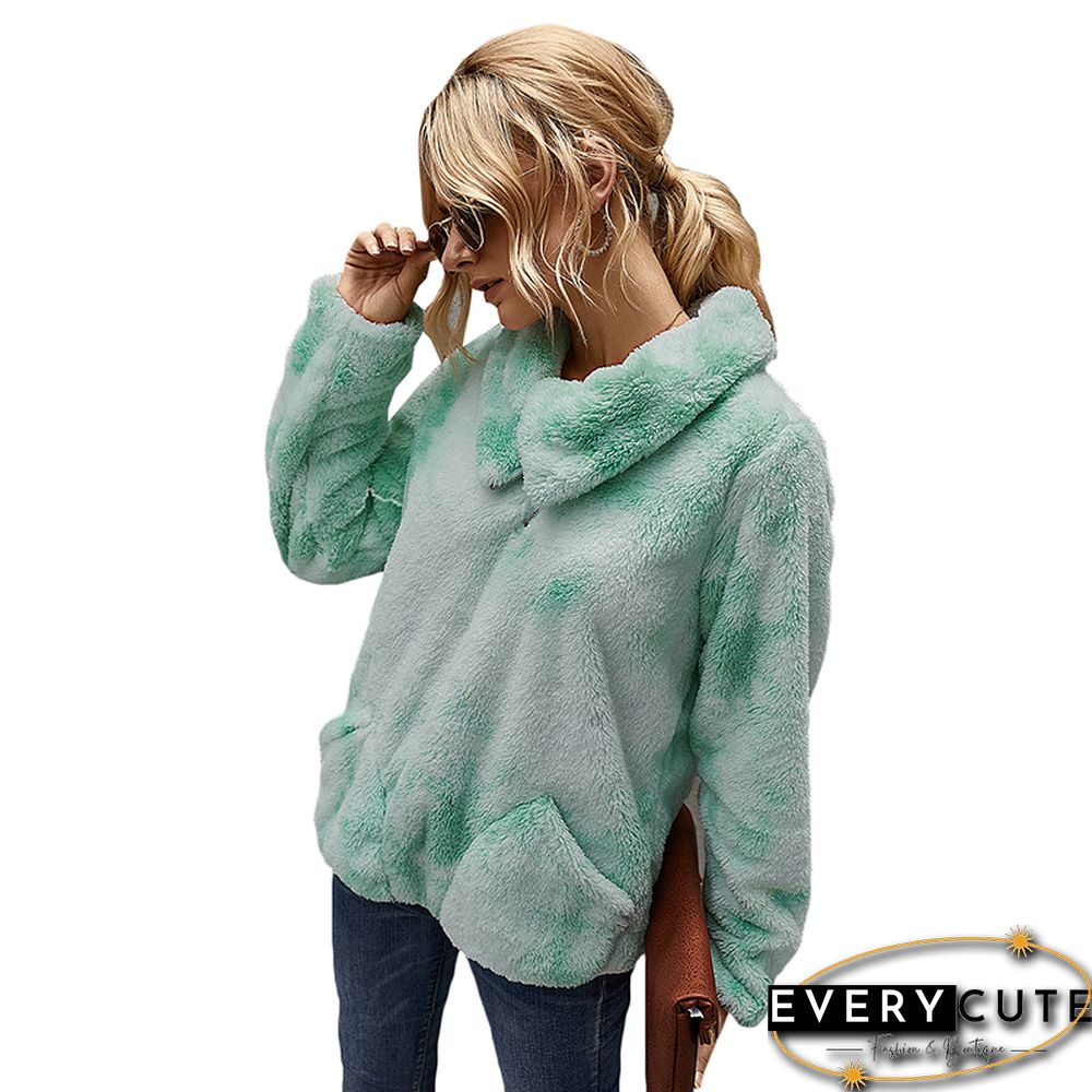 Light Green Tie Dye Fuzzy Pullover with Pockets