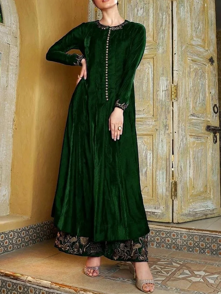 Daily Long Sleeve Button Floral Layered Green Velvet Maxi Dress