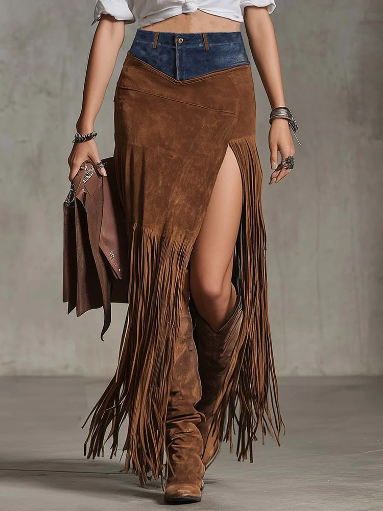 【24-hour shipping out】Exquisite Vintage Western Cowboy Patchwork Brown Suede Tassel Asymmetrical Slit Long Skirt