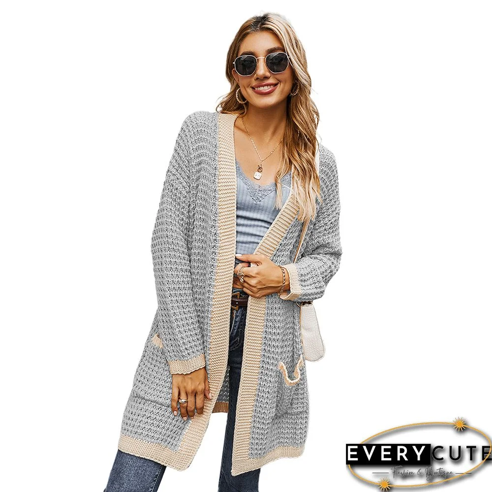 Gray Long Sleeve Pocketed Thick Cardigan