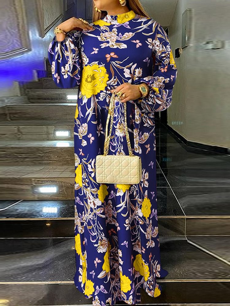 Vintage Flower Print Stand Collar Long Sleeve Maxi Dress SKUJ39954 QueenFunky