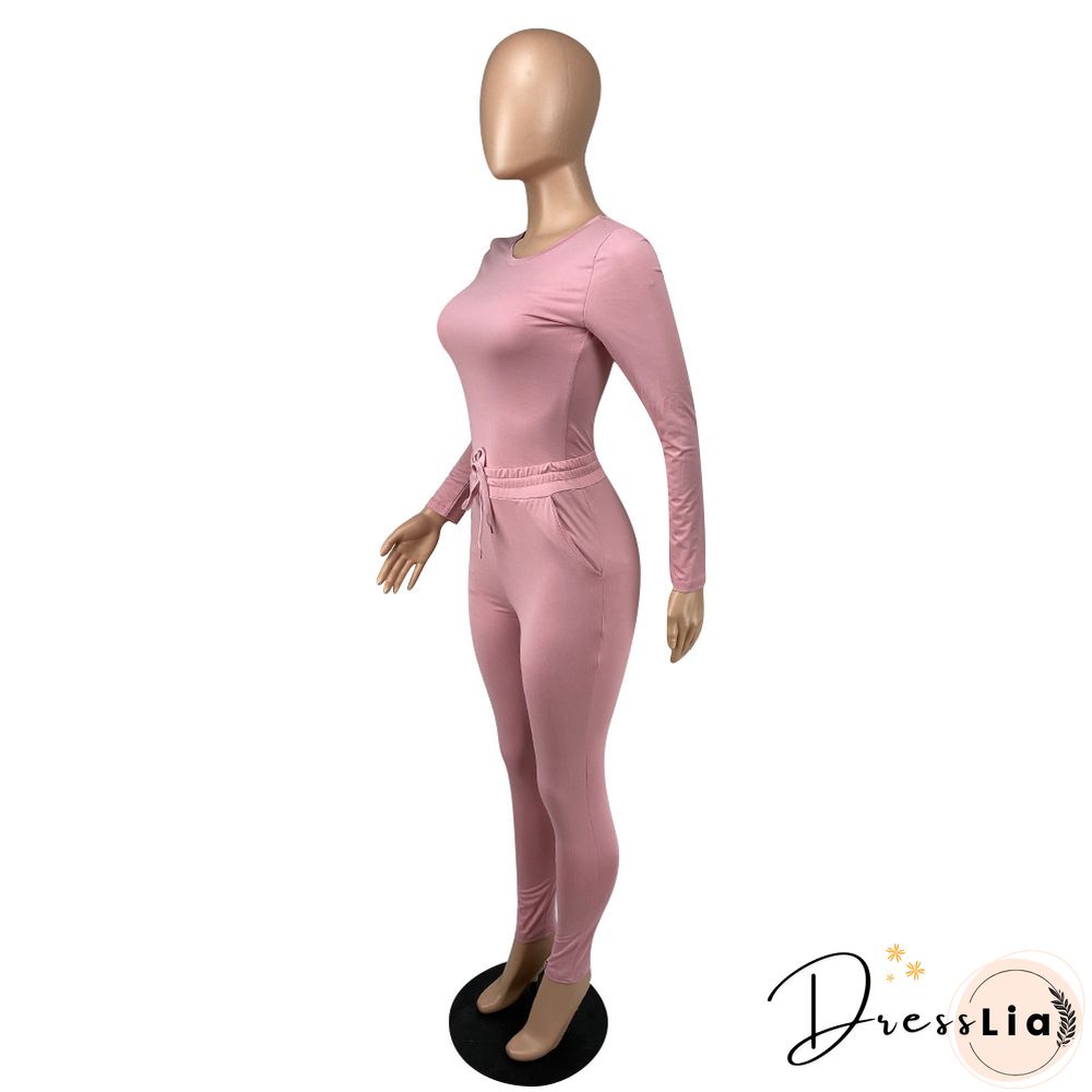 Solid Long Sleeve T Shirt Lace Up Pants Set