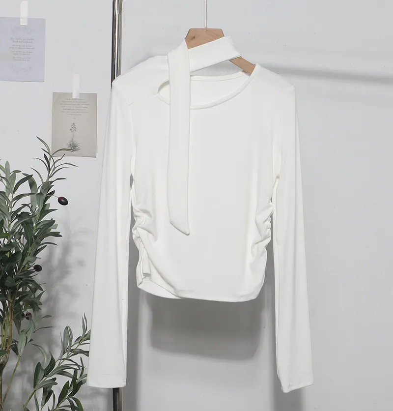 Churchf Ribbon Scarf Hanging Neck Long-Sleeved T-Shirt Girl 2024 Autumn Slim Thin Folded Bottom Shirt 1630