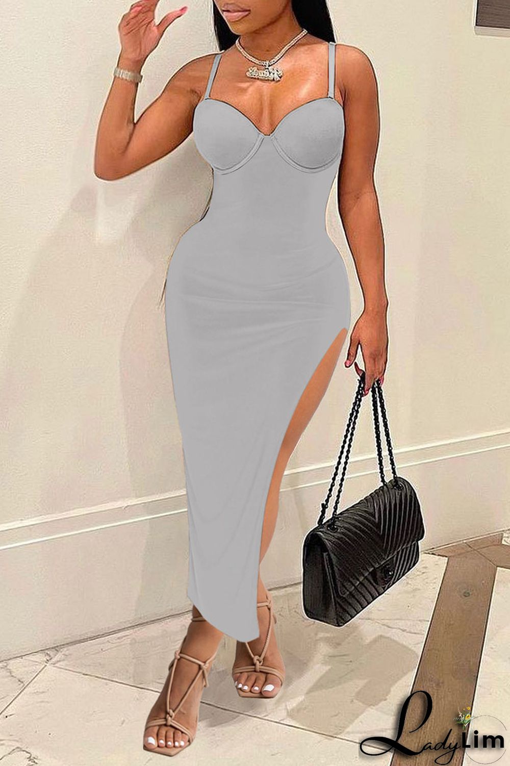 Black Sexy Solid Split Joint Slit Spaghetti Strap Sling Dress Dresses