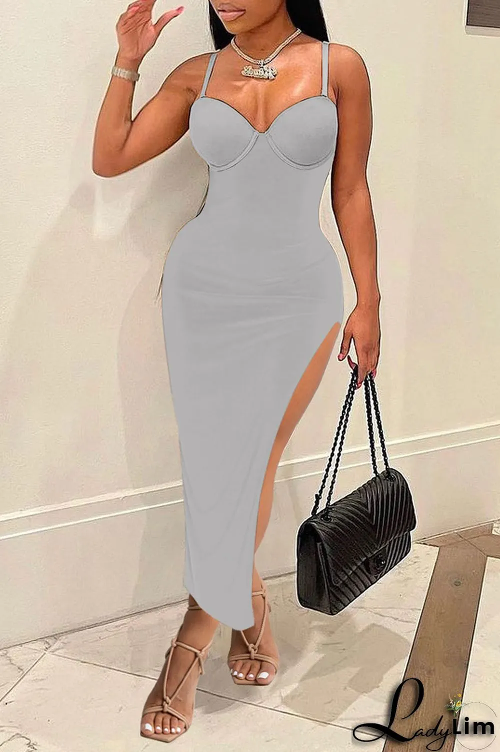 Black Sexy Solid Split Joint Slit Spaghetti Strap Sling Dress Dresses