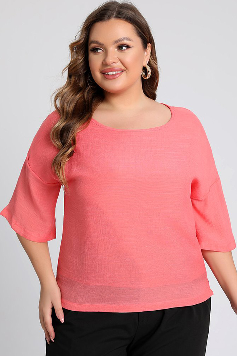 Flycurvy Plus Size Casual Pink Linen 3/4 Sleeve Side Slit Blouses 2024 - Flycurvy 
