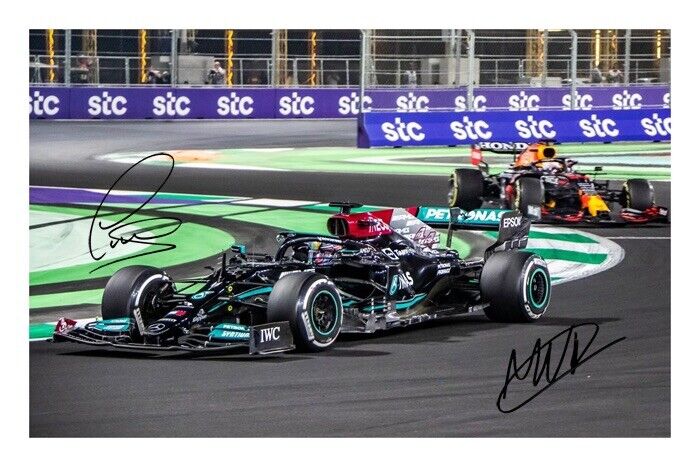 Lewis Hamilton & Max Verstappen F1 2021 Signed A4 Photo Poster painting Print Autograph AbuDhabi