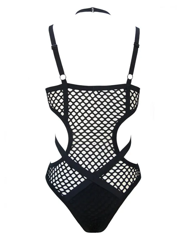 Black Sheer Knit Net Mesh Halter Bodysuit
