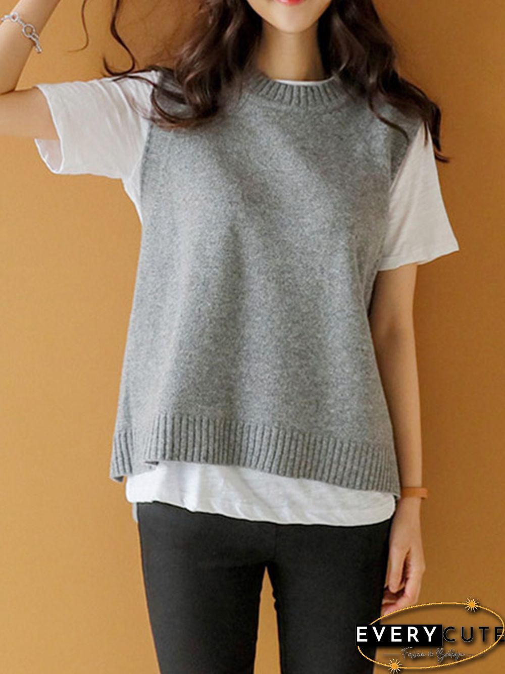 Simple Sleeveless Loose Buttoned Solid Color Round-Neck Sweater Vest Outerwear