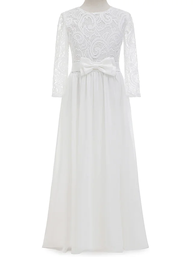 Hellodresses Sheath Column Long Length Long Sleeve Jewel Neck Flower Girl Dress Lace With Lace  Bow