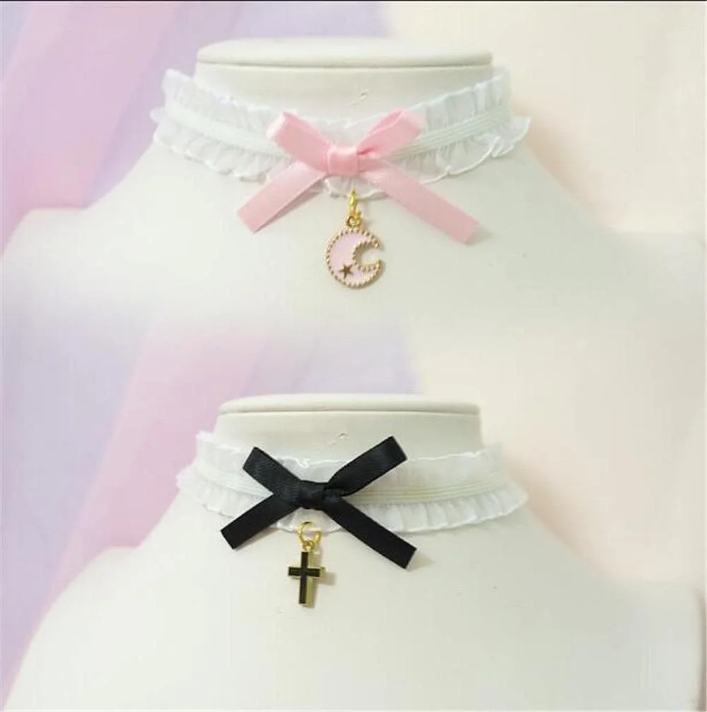 Sweet Cross Pendant Bownot Choker Cute Lolita Ribbon Chain Necklace SP079