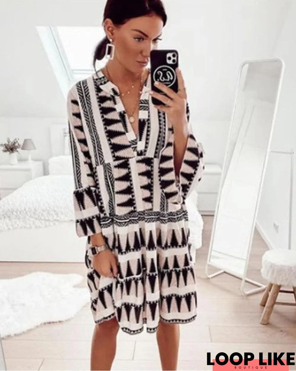 Women's Shift Dress Knee Length Dress Long Sleeve Geometric Print Summer Hot Casual Flare Cuff Sleeve Black