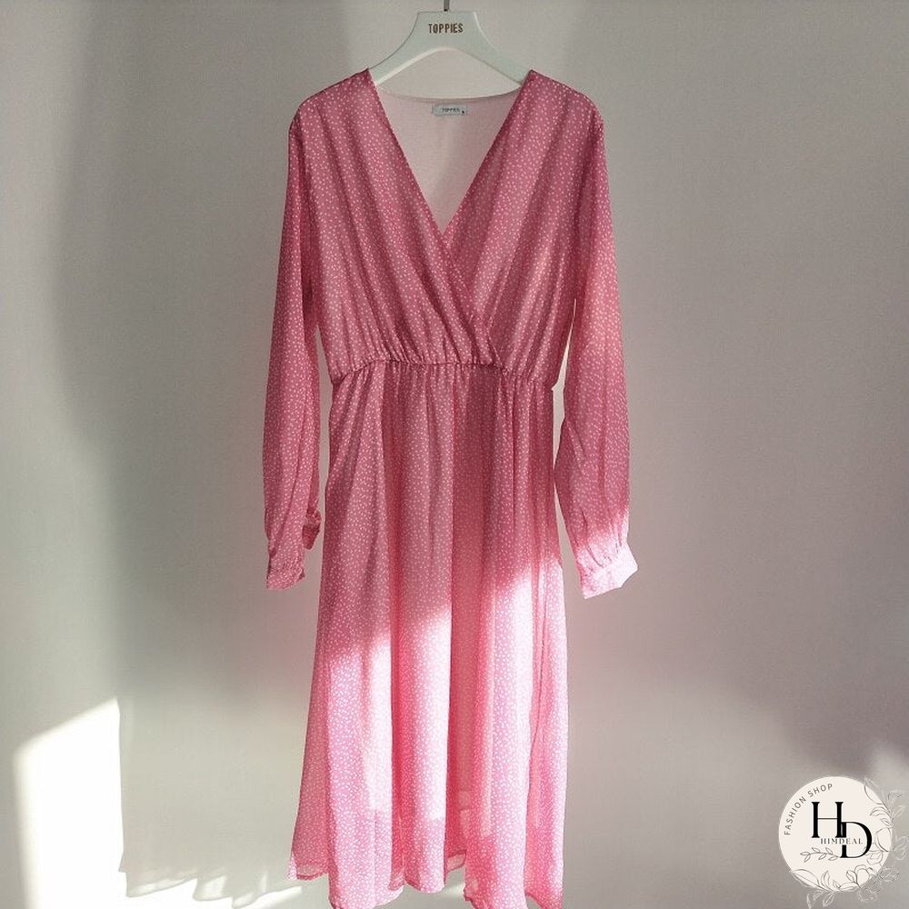 Toppies Women Dress Heart Print vestidos Wrap around v neck Long sleeve Fashion Pink Chiffon Dresses