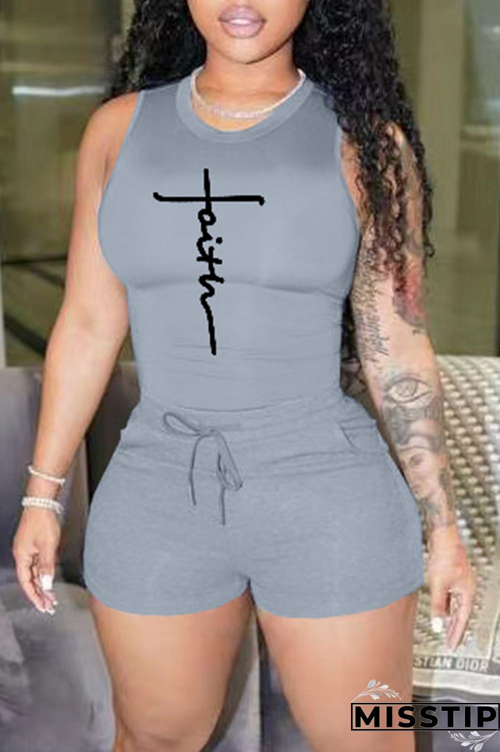 Blue Fashion Casual Sportswear Print Basic O Neck Sleeveless Two Pieces