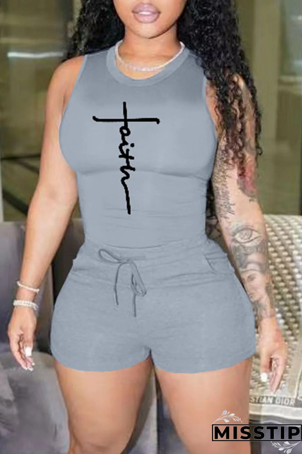 Blue Fashion Casual Sportswear Print Basic O Neck Sleeveless Two Pieces