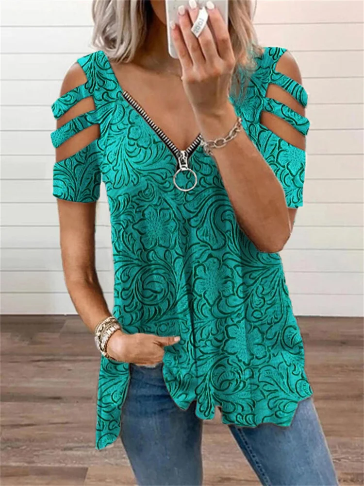 Western Turquoise Floral Leather Art Hollow Shoulder T Shirt