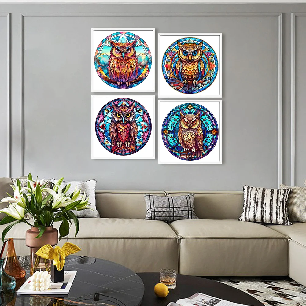 4pcs/Set Diamond Painting - Full Round Drill - Stained Glass Owl(Canvas|30*30cm)
