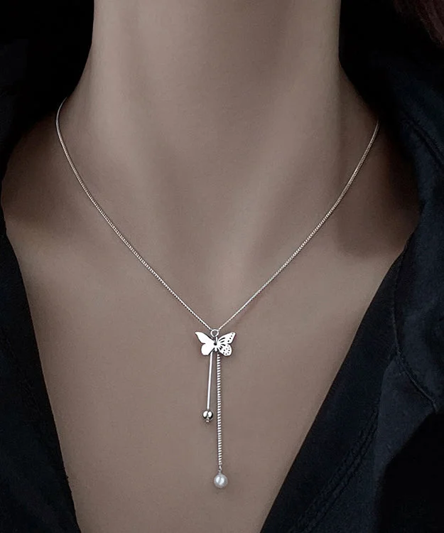 Style Asymmetric Butterfly Tassel Silver Necklace