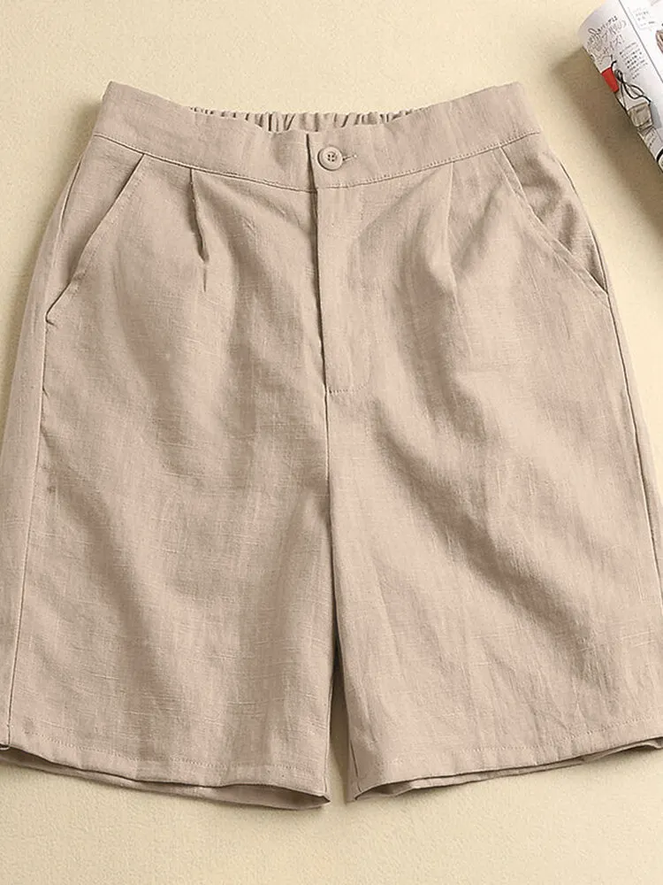 Solid Pocket Elastic Waist Casual Shorts For Women