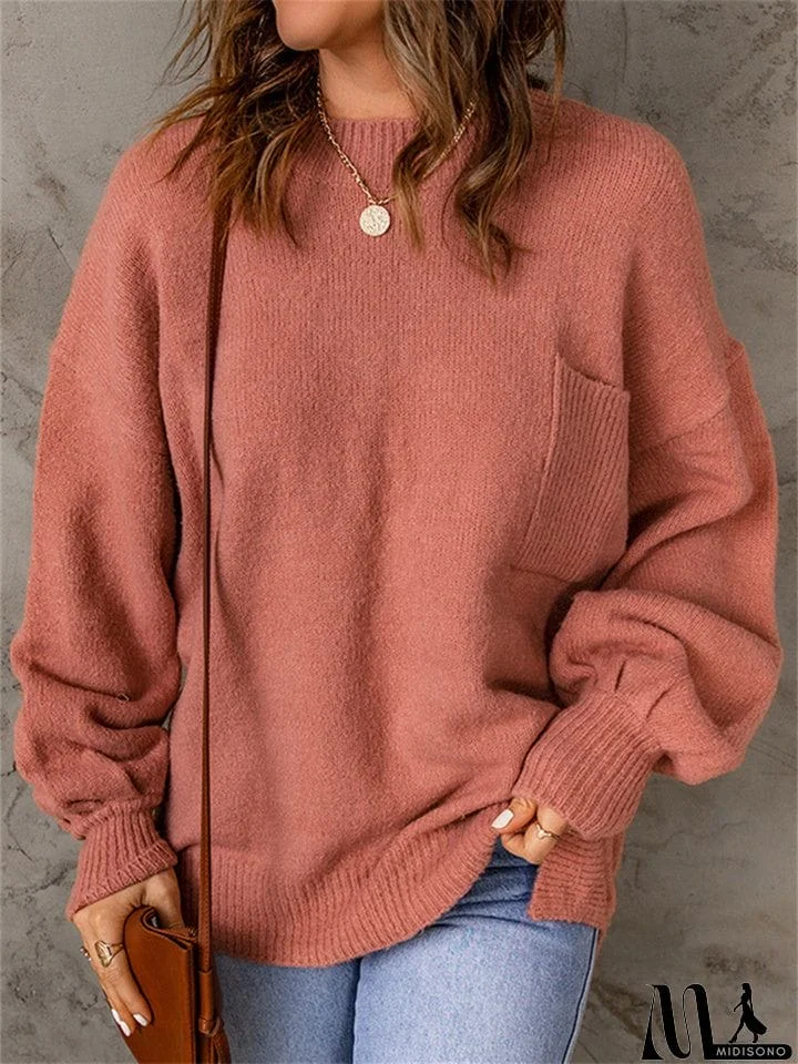 Solid Color Casual Long Sleeve Sweater with Pockets