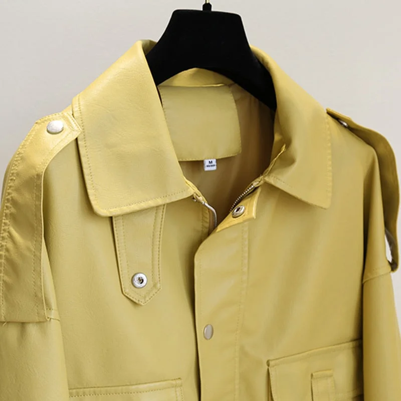 FTLZZ New Spring Autumn Women Slim Leather Jacket Zipper Pockets Motorcycle PU Leather Coat  Solid Parka Overcoat