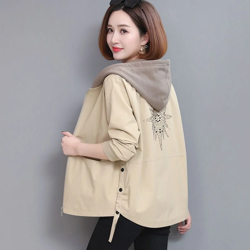 2021 Autumn Women's Coat Hooded Jacket Long Sleeve Zipper Pockets Casual Windbreaker Basic Jackets Outerwear Plus Size 4XL E25
