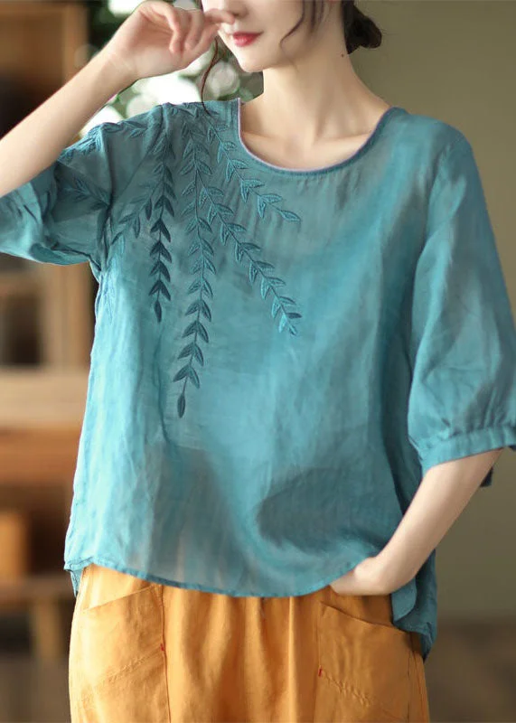 Diy Blue Embroideried Patchwork Cotton T Shirt Summer