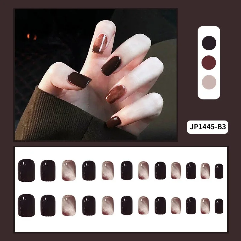 24pcs Gradient Amber Marble Texture Nails Art Long Trapezoid False Nails Wearable Fake Nails With Glue And Wearing Tools-Nail Inspo