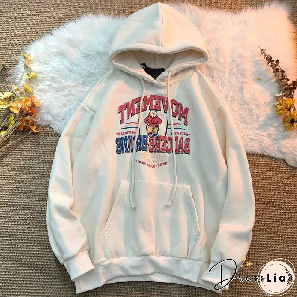 Unisex Street Retro Bear Letter Offset Hoodie
