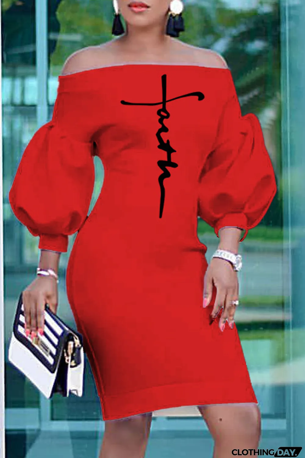 Red Fashion Casual Print Backless Off the Shoulder Dresses