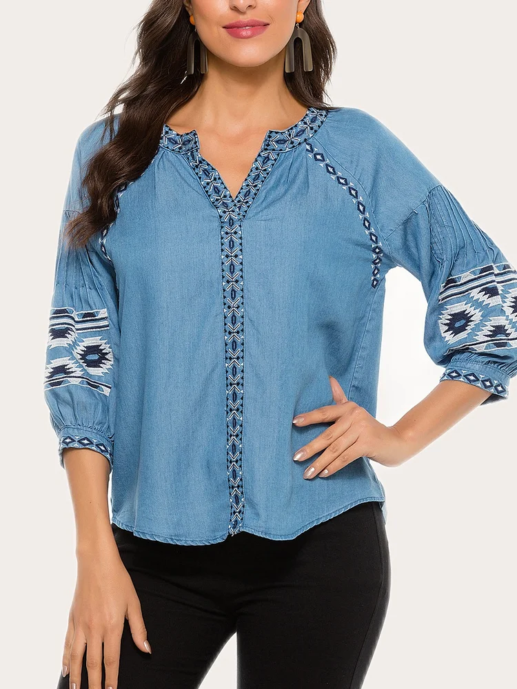 Women's Long Sleeve Embroidery Top Western Wear Denim