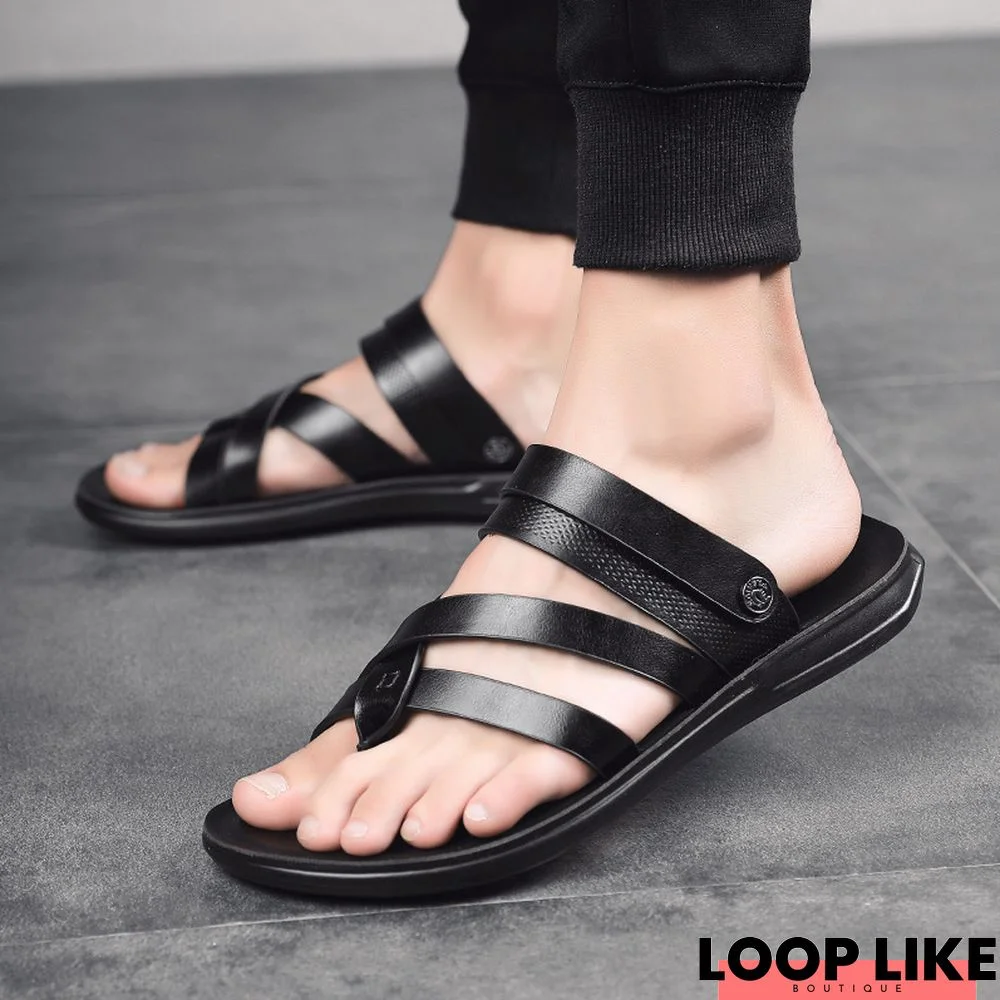 Men's Genuine Leather Sandals Beach Flip Flops Slip-On Sandal Shoes