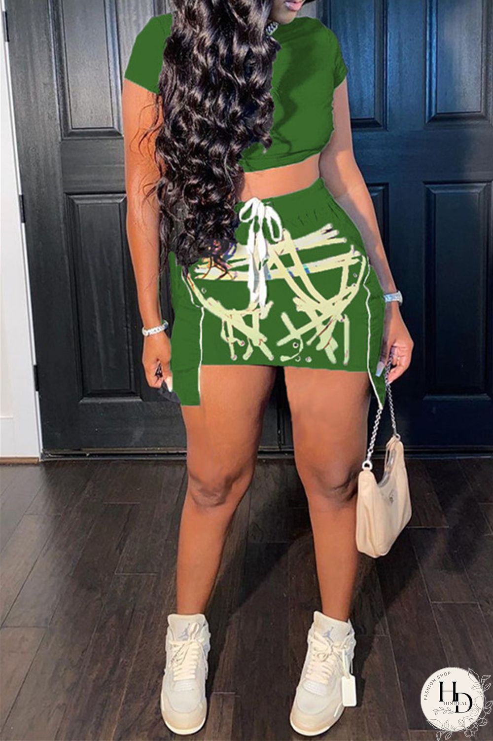 Red Fashion Sexy Print Asymmetrical O Neck Short Sleeve Two Pieces