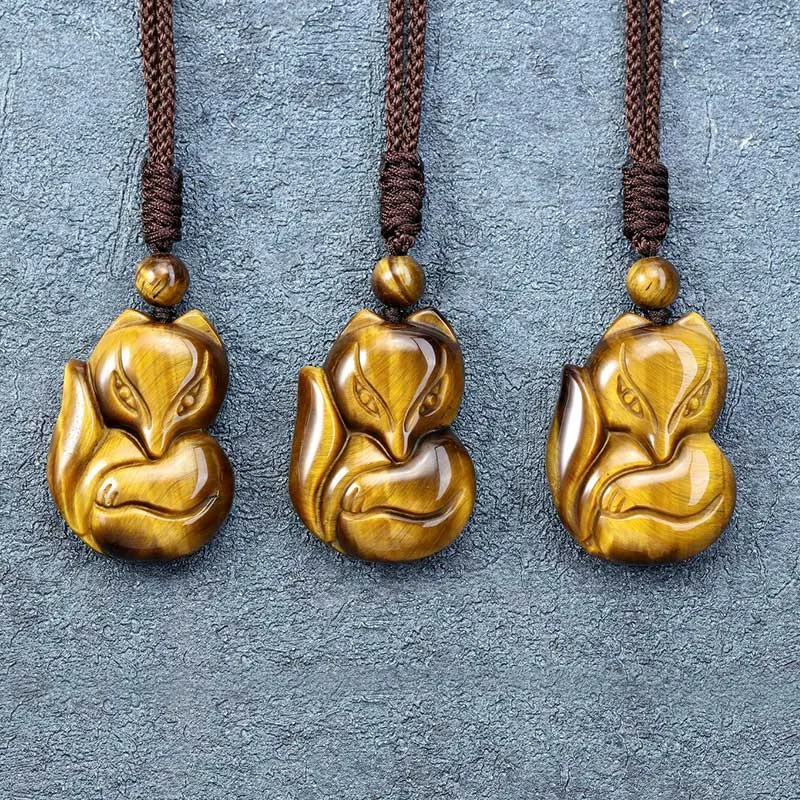 Natural Black Obsidian Tiger Eye Ice Obsidian Fox Pendant Amulet Necklace